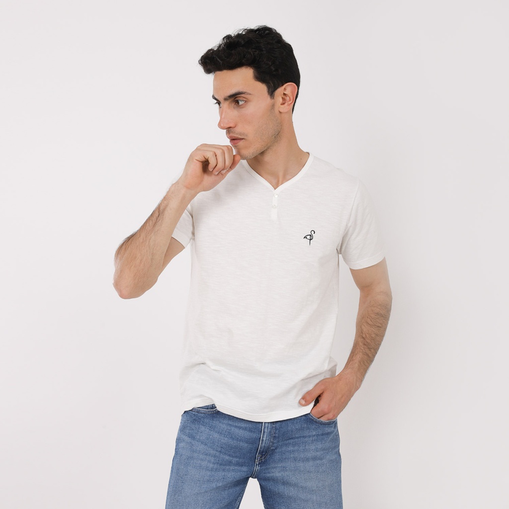 KONTAKT – T-shirt flammé pour homme manches courtes col tunisien VERT