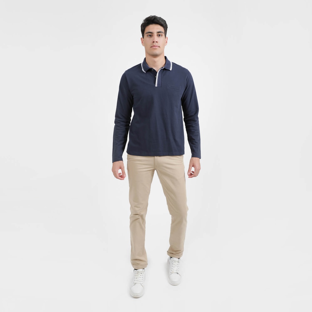 Kontakt – Polo pour homme manches longues avec poche passepoilée – Bleu Marine