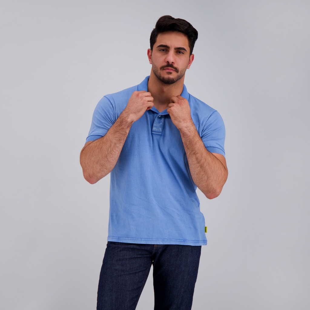 KONTAKT – Polo délavé pour homme manches courtes avec broderie – Bleu Jeans Délavé