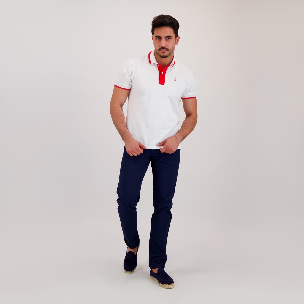 Kontakt – Polo pour homme manches courtes avec broderie et patte contrasté – Blanc