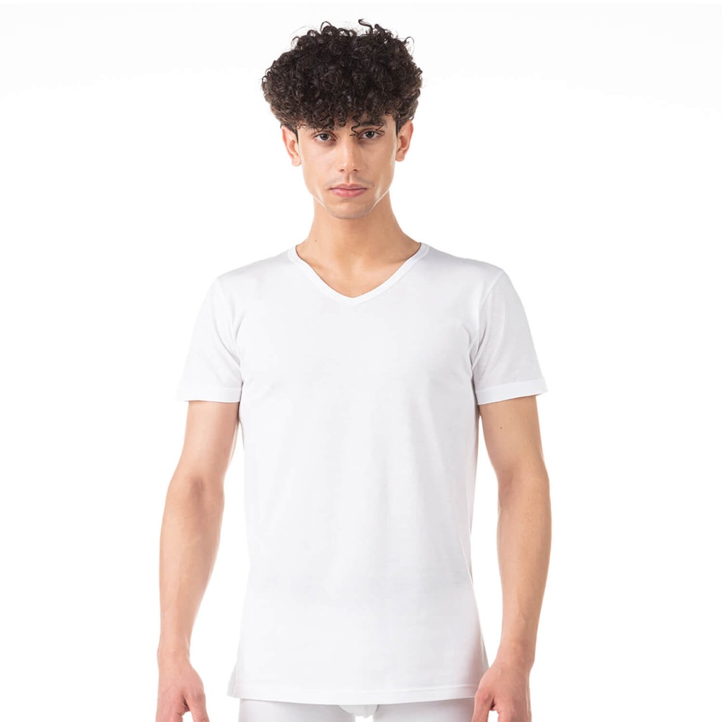 Kontakt – T-shirt col v pour homme en coton bio – Blanc