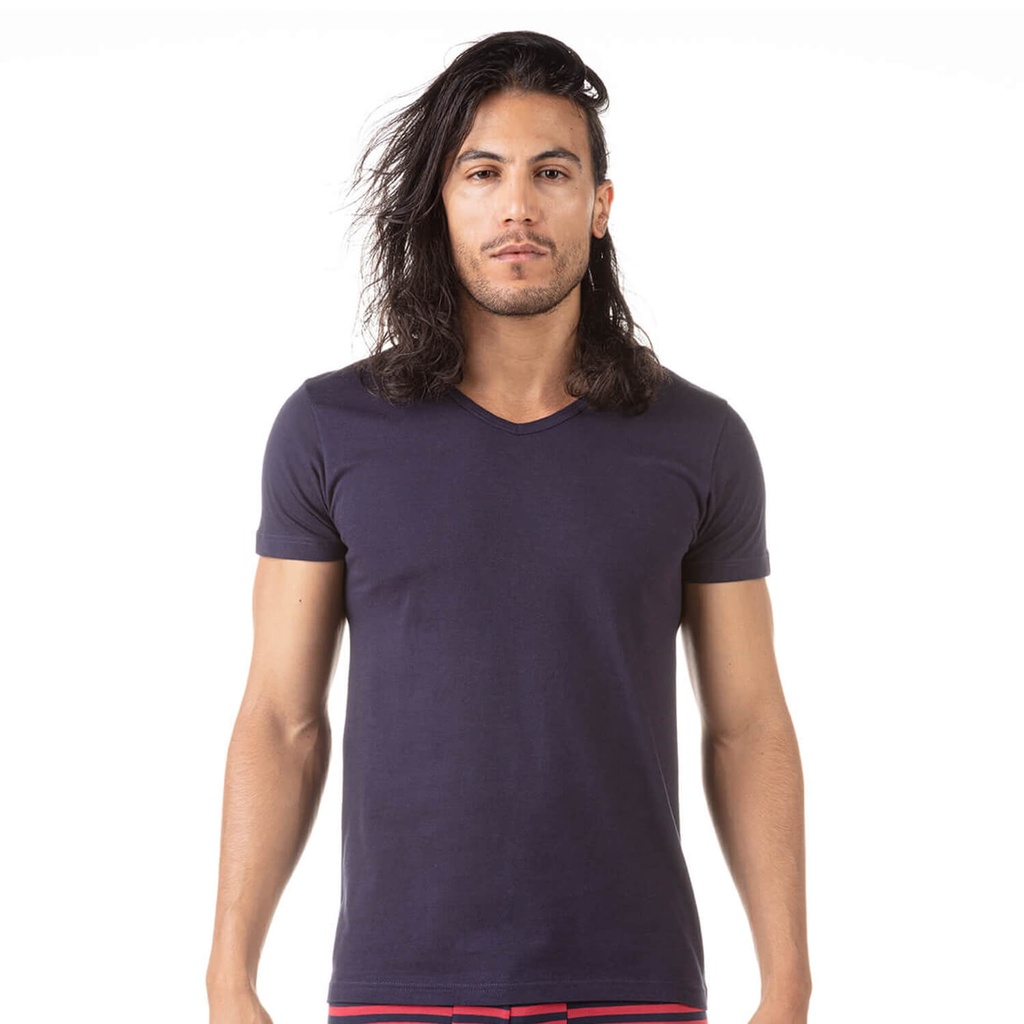 Kontakt – T-shirt pour homme col V en coton pur – NAVY