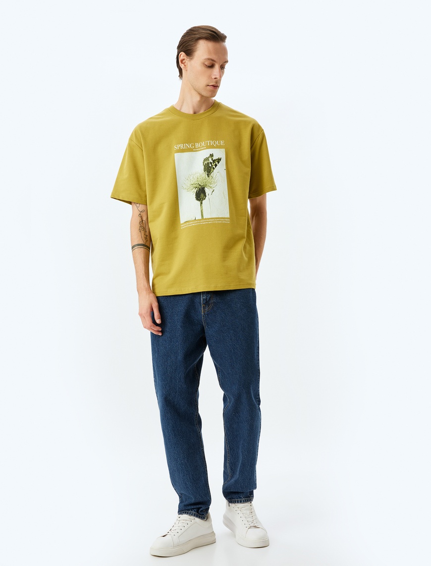 Koton Homme – T-shirt en coton à manches courtes et col ras du cou T-shirt oversize à imprimé floral – Vert