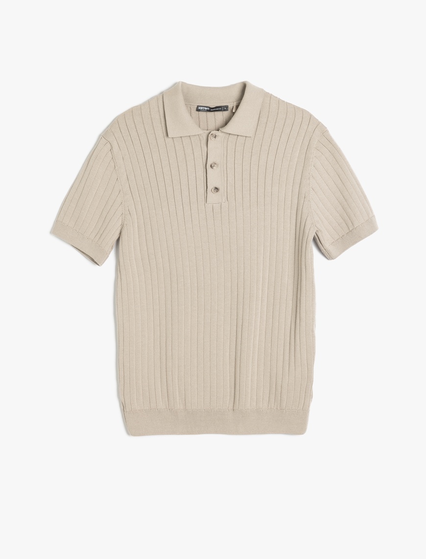 Koton Homme – T-shirt tricoté à manches courtes et col polo en coton texturé – Beige