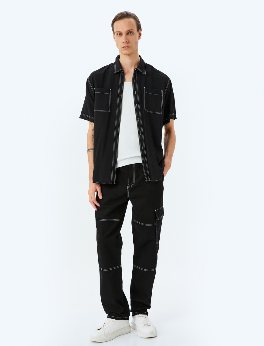 Koton Homme – Jean cargo droit oversize en coton avec détails cousus – Noir
