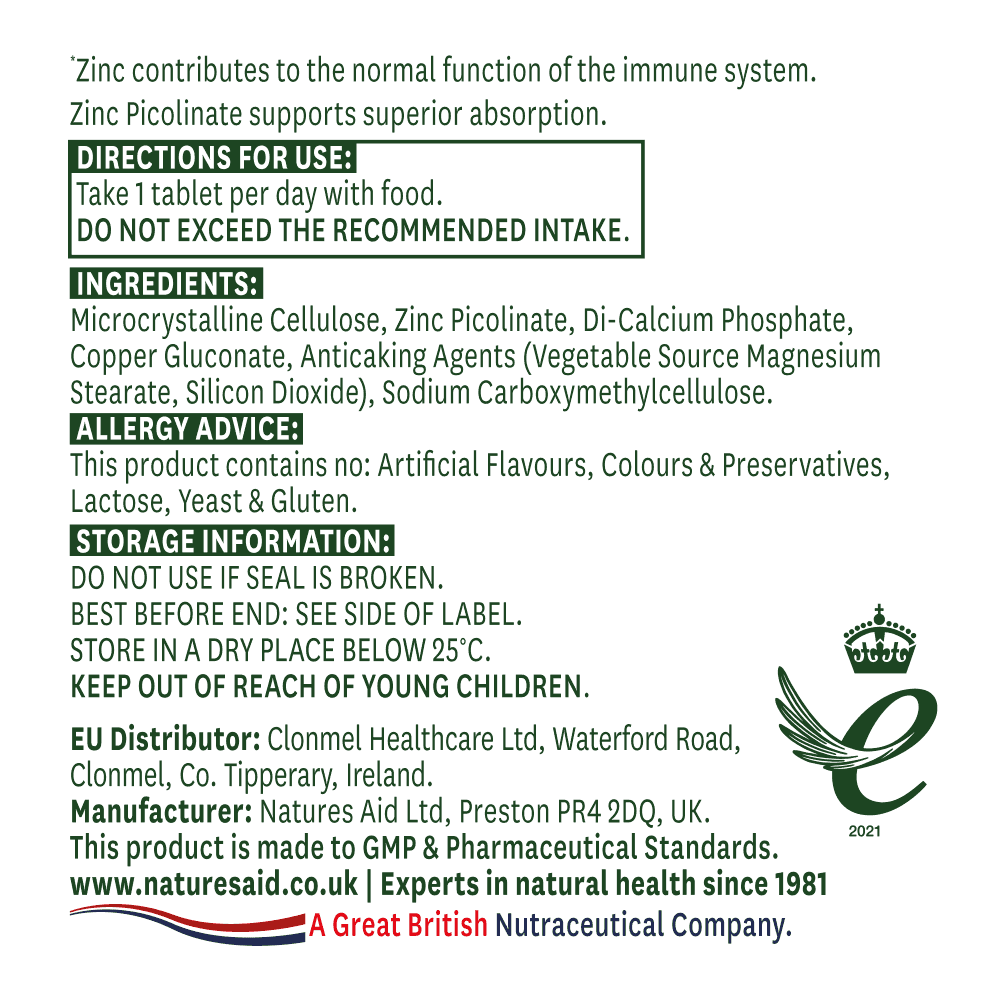 Natures Aid Zinc Picolinate 15mg 30 comprimés