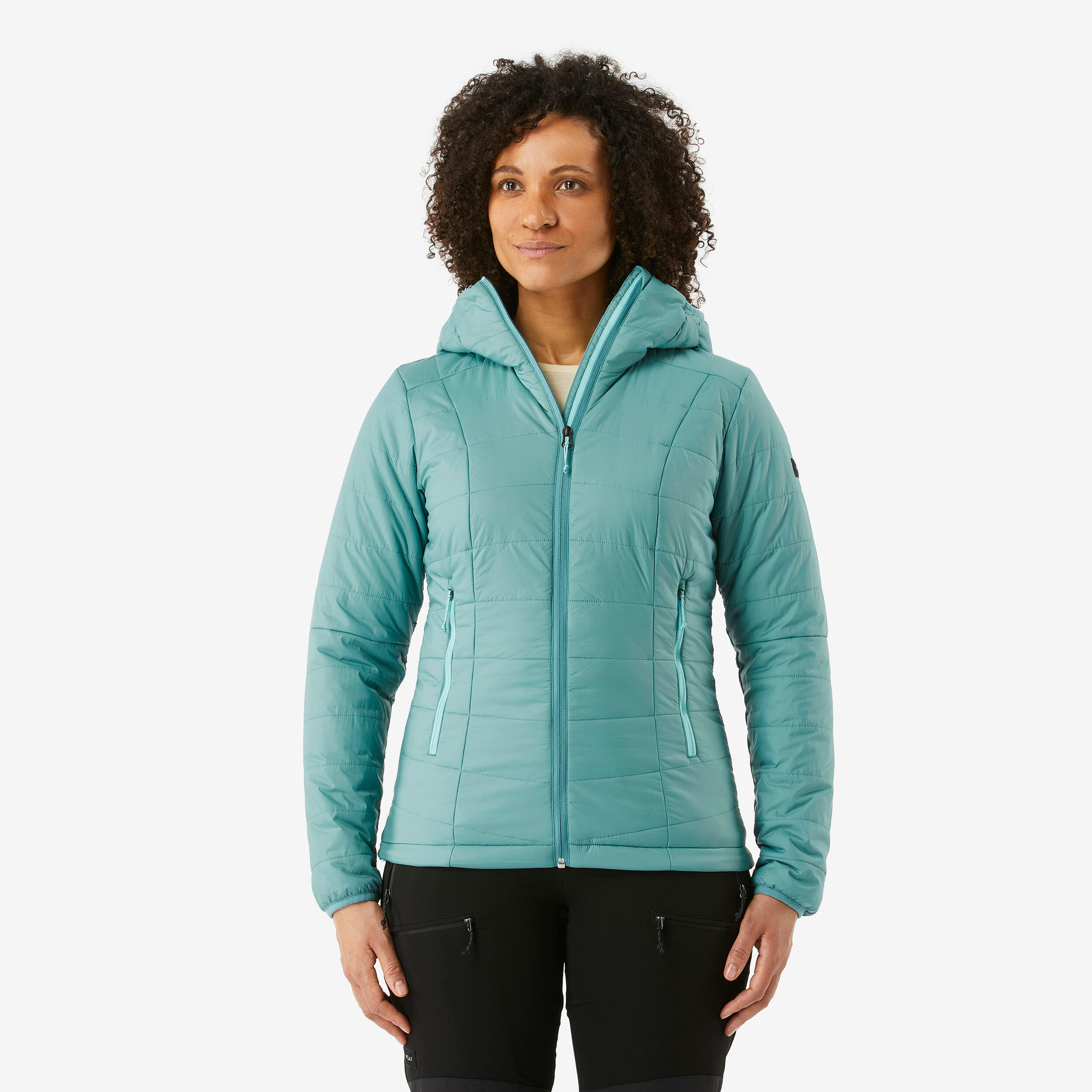 Doudoune de trek à capuche synthétique femme, MT100 bleu